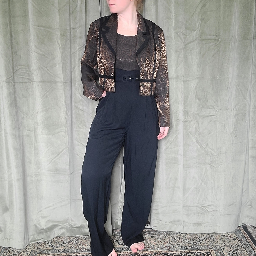 Vintage Office Siren Metallic Animal Print Jumpsuit & Blazer Set